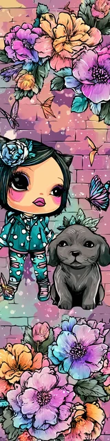 Free kawaii bookmark featuring a girl with a gray dog